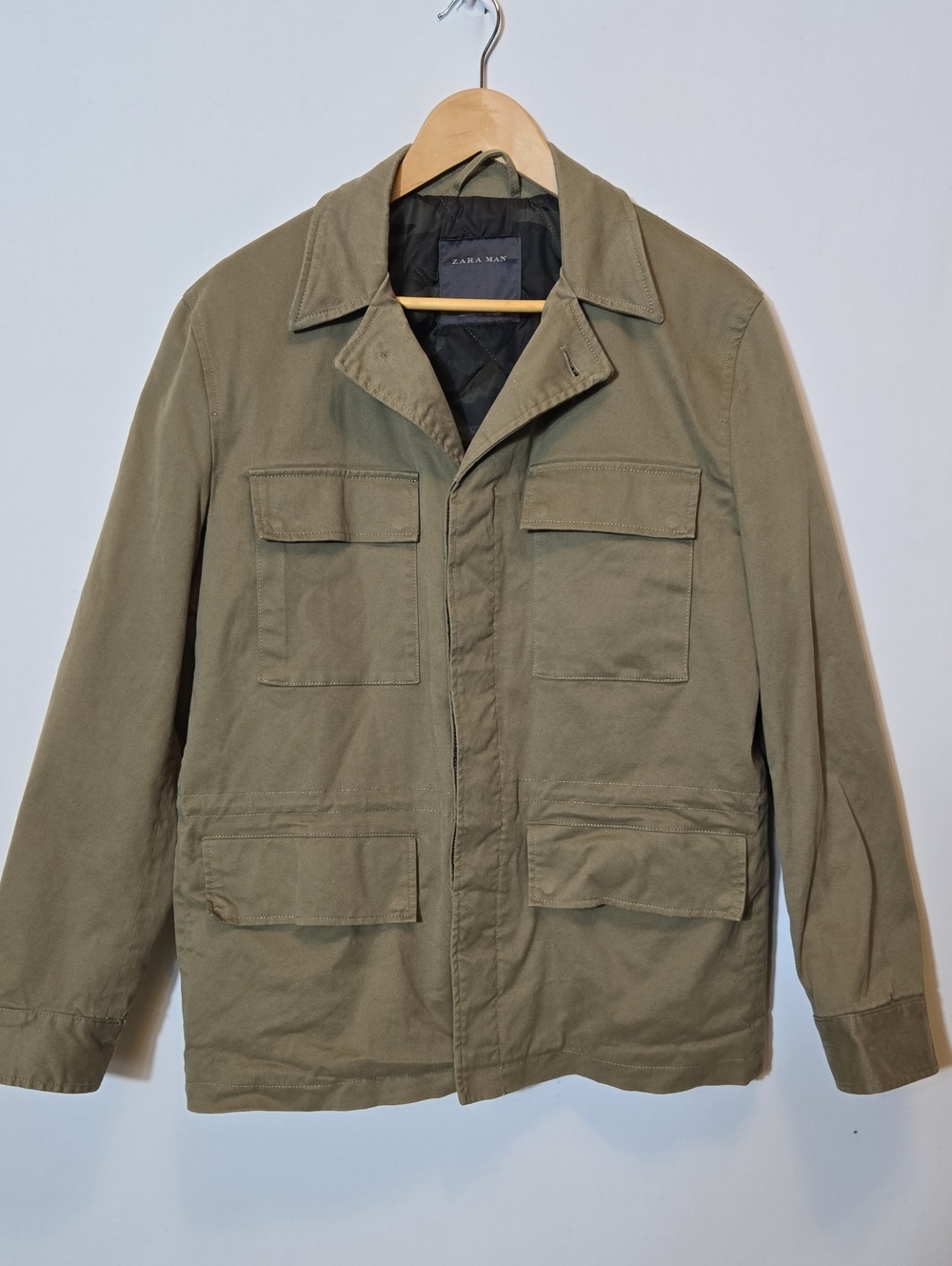 Zara Man Khaki Utility Chore Field Jacket XL Tan Canvas Military Quilted Camo
